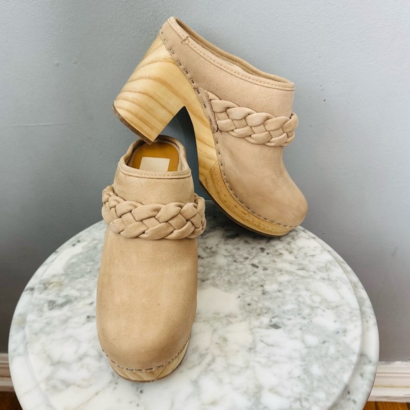 Dolce Vita Hila Braided Leather Wooden Platform Clogs in Sand Size 8 - Picture 6 of 15